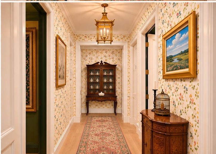 A wallpapered hallway with a brass lantern, an antique china cabinet, a demilune console, and a gilt-framed landscape
