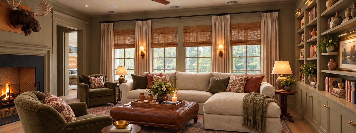 A lodge-style family room with a sectional, leather ottoman, book-lined shelves, and a fireplace