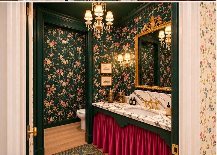 A powder room in dark green floral wallpaper with a marble vanity, gilt mirror, and deep pink skirted cabinet